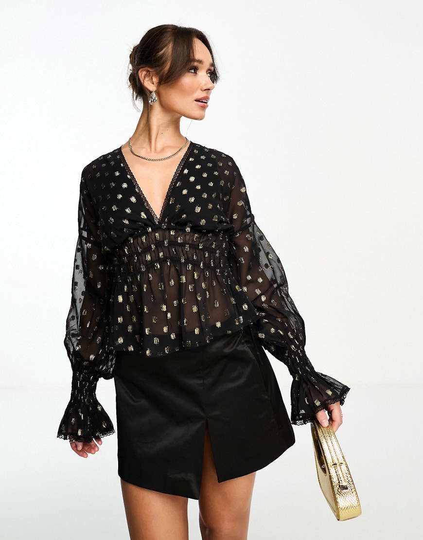 ASOS DESIGN shirred blouse with blouson sleeve in spot jacquard-Black