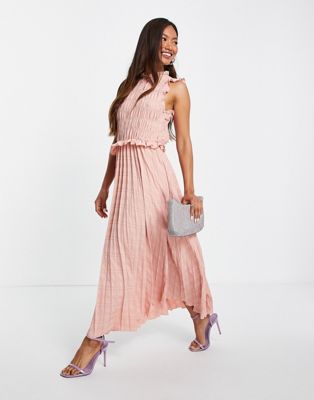 Shirred sleeveless pleated midi dress with open back in soft pink - Click1Get2 Coupon