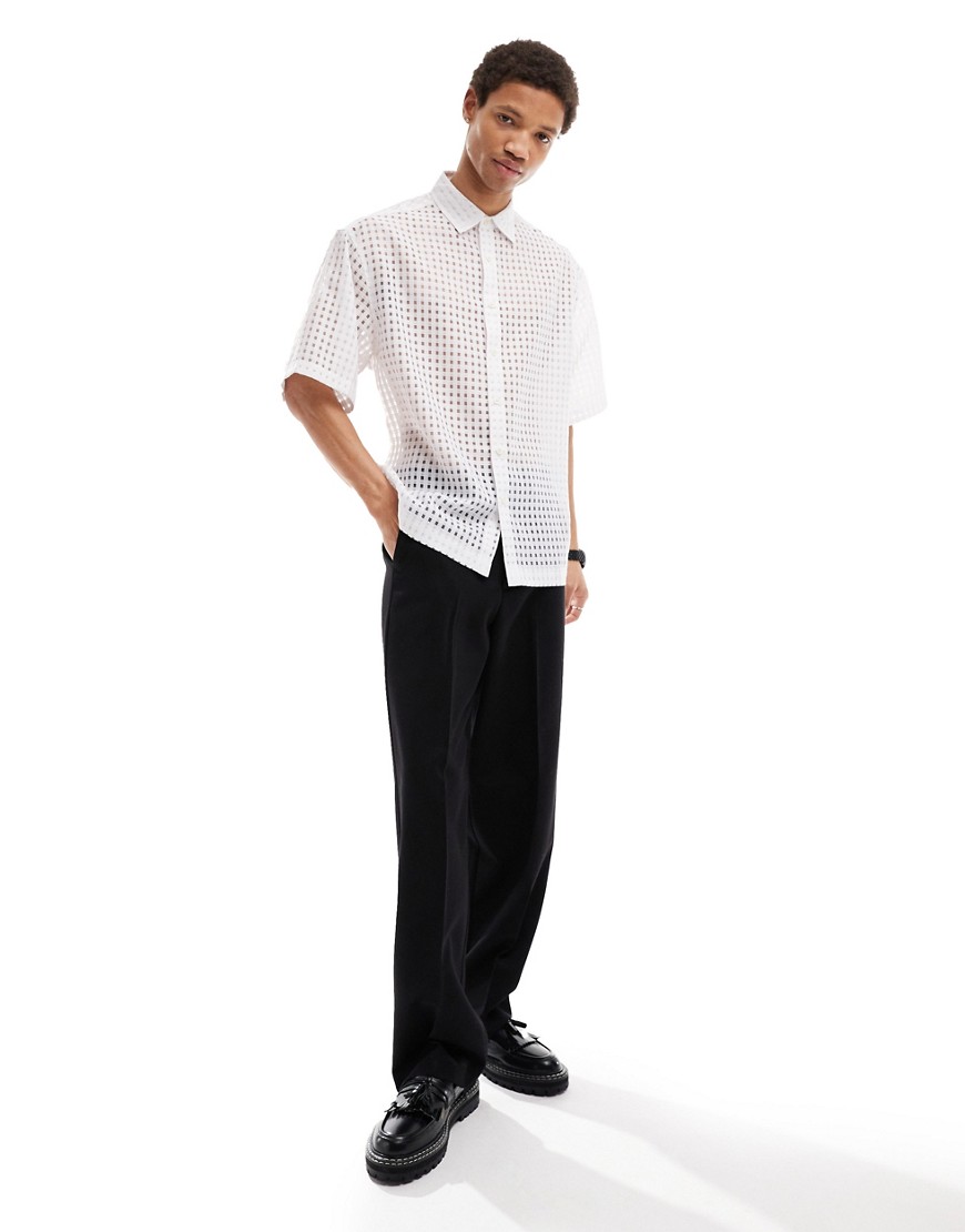 ASOS DESIGN short sleeve boxy oversized fit sheer gingham shirt in white