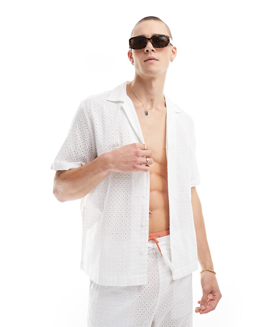 ASOS DESIGN short sleeve co-ord relaxed revere collar broderie shirt in white