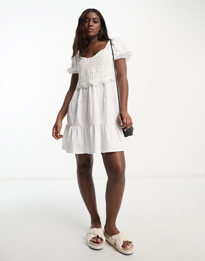 ASOS DESIGN short sleeve mini tiered smock dress with crochet detail in ivory-White