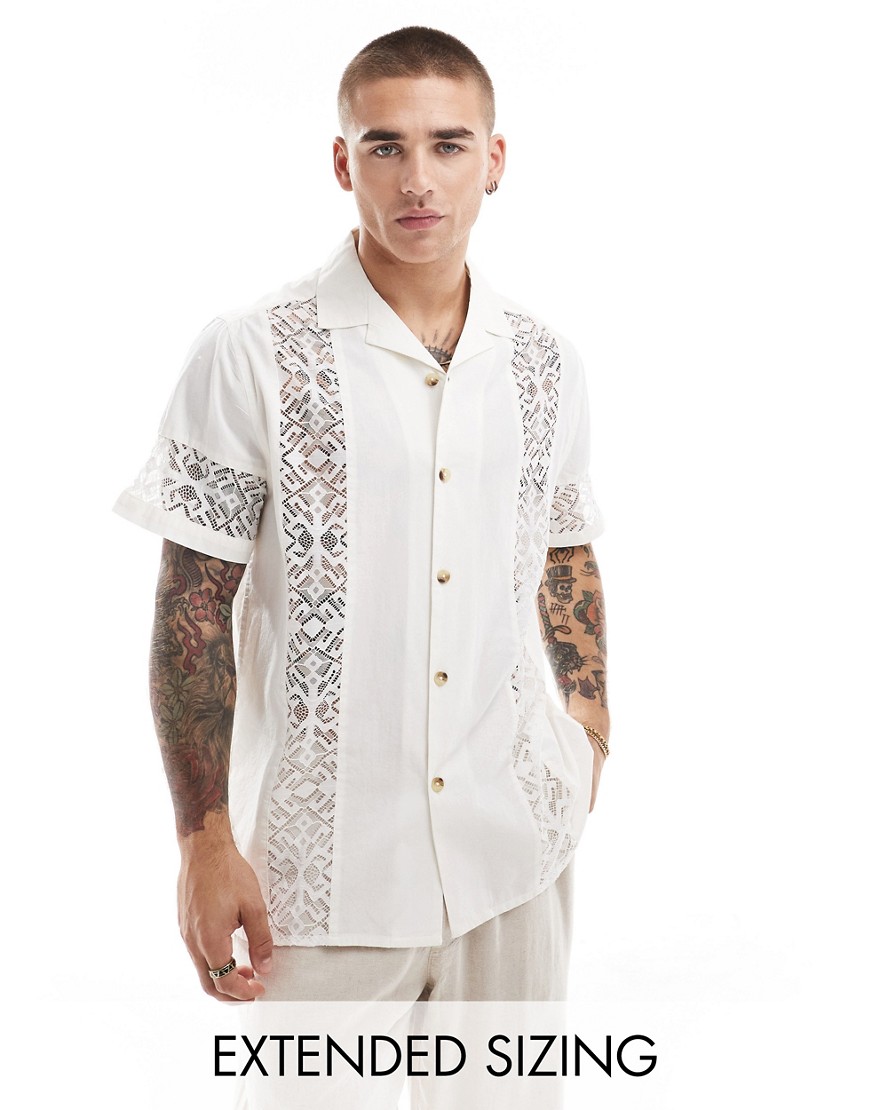 ASOS DESIGN short sleeve relaxed revere shirt with lace panels in white