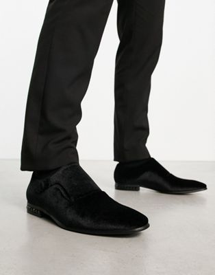single monk shoes with diamante heel detail in black velvet