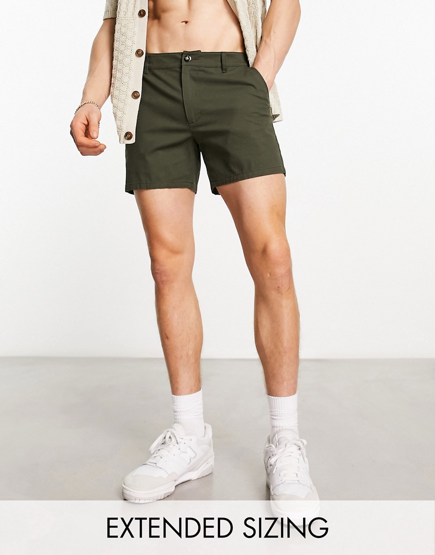 ASOS DESIGN skinny chino shorts in shorter length in dark khaki-Green