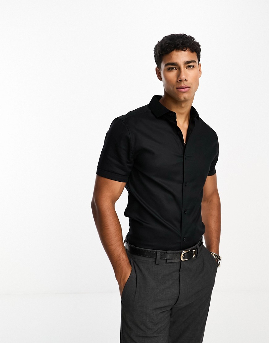 ASOS DESIGN skinny fit royal oxford shirt with cutaway collar in black