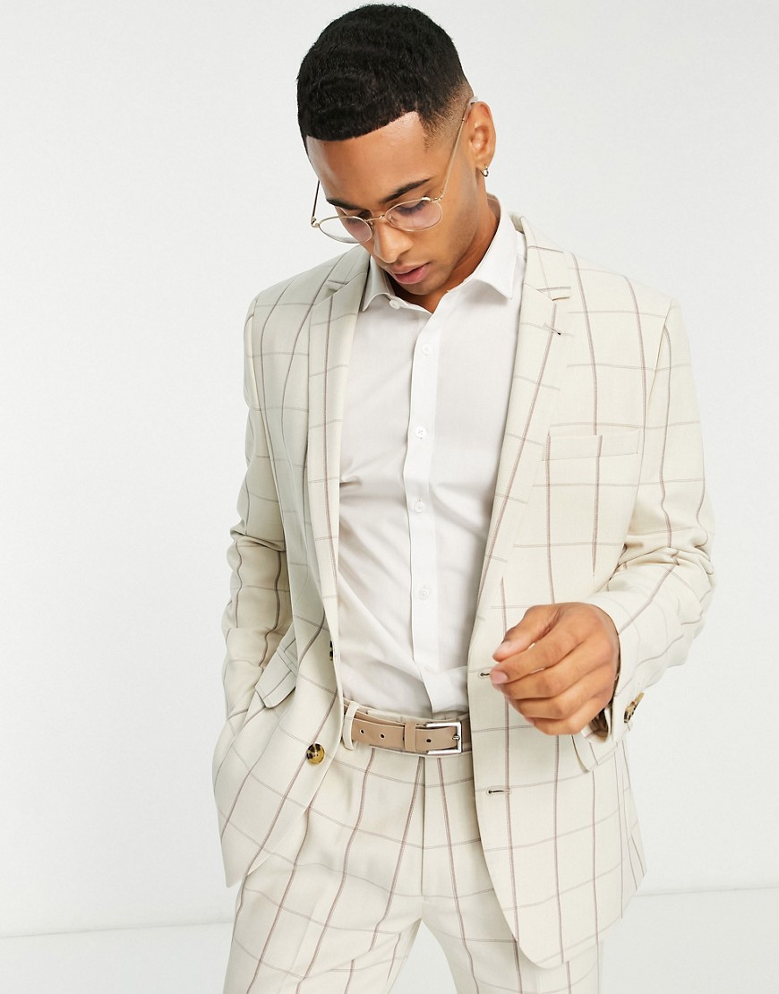 ASOS DESIGN skinny linen mix suit jacket in ecru and brown grid check