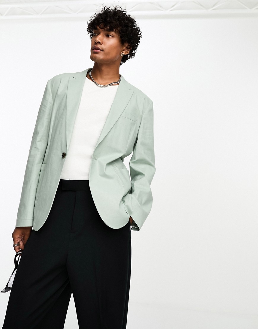 ASOS DESIGN skinny linen mix suit jacket in sage-Green