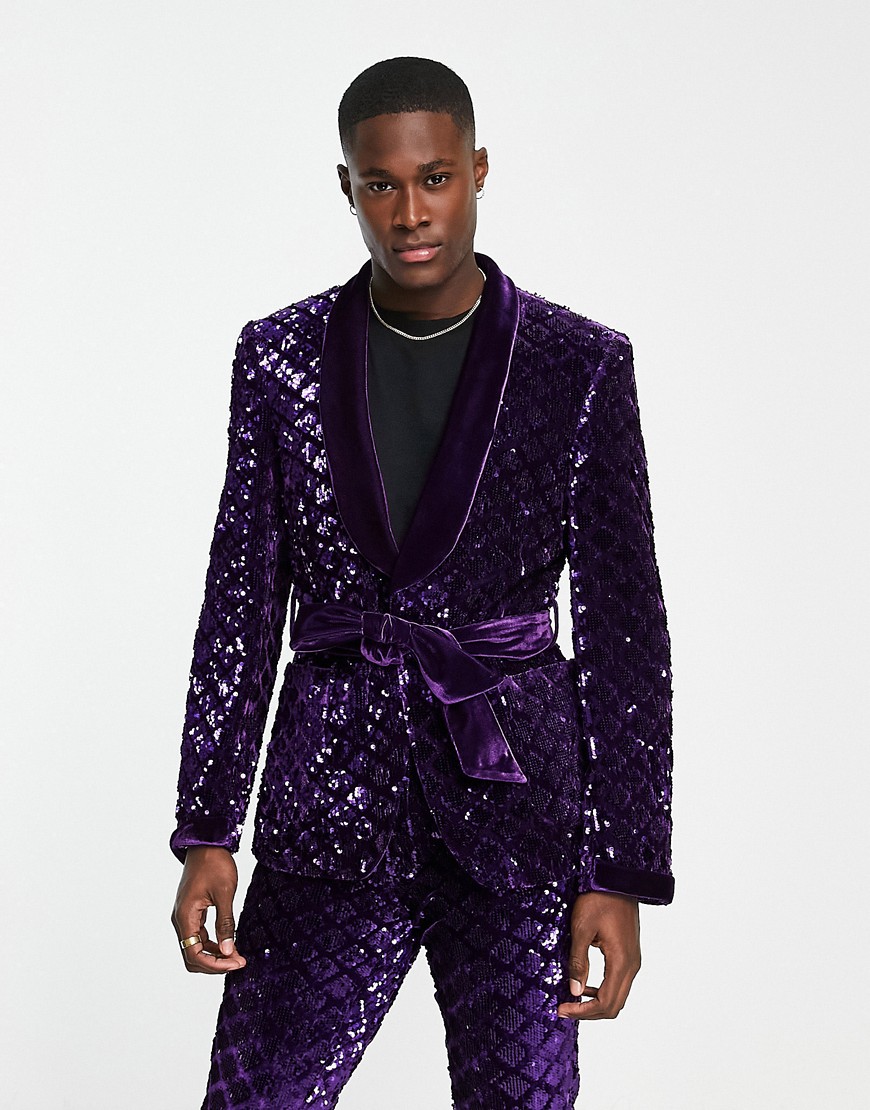 ASOS DESIGN skinny suit jacket in sequin diamond velvet in purple