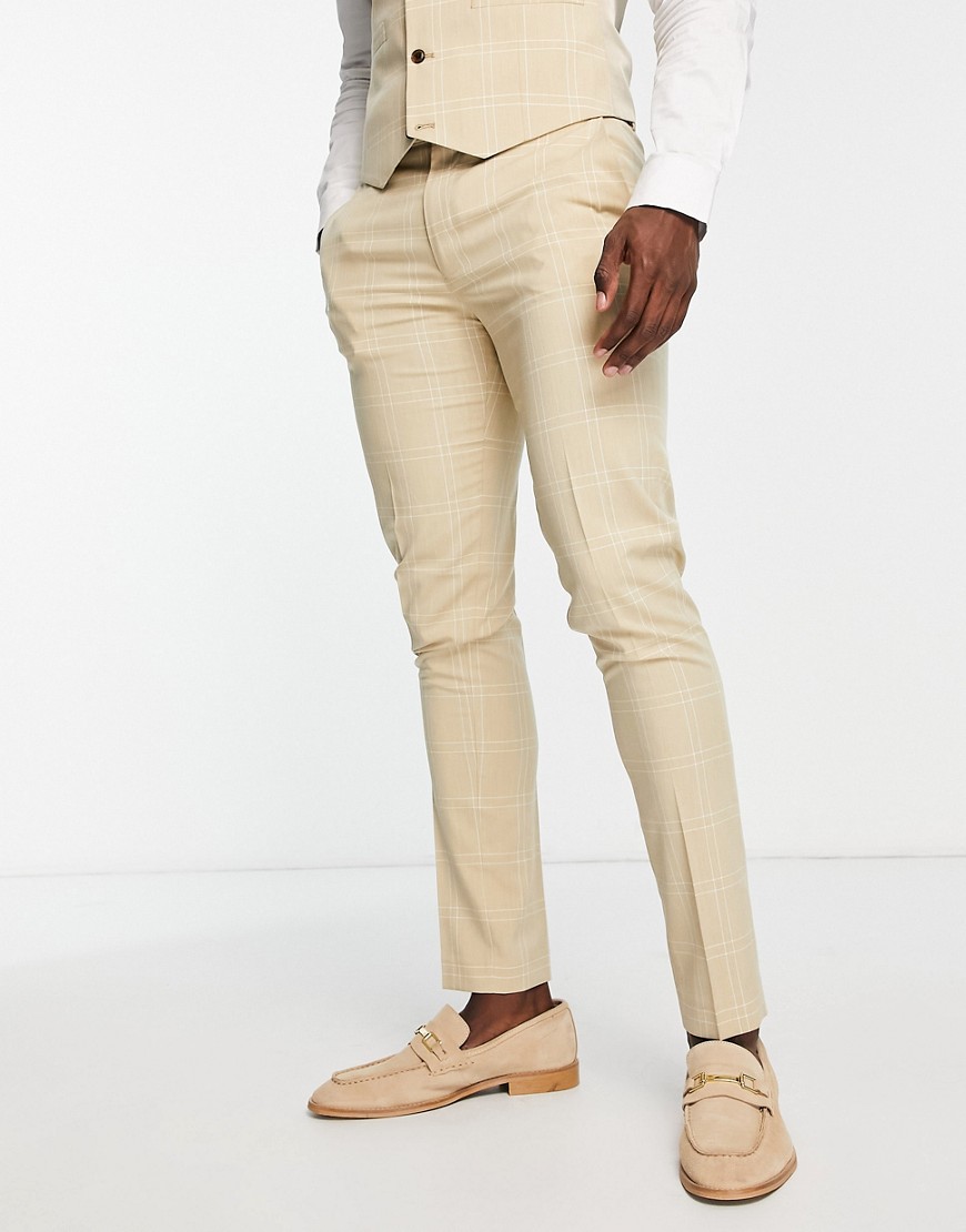 ASOS DESIGN skinny suit trousers in stone windowpane check-Neutral