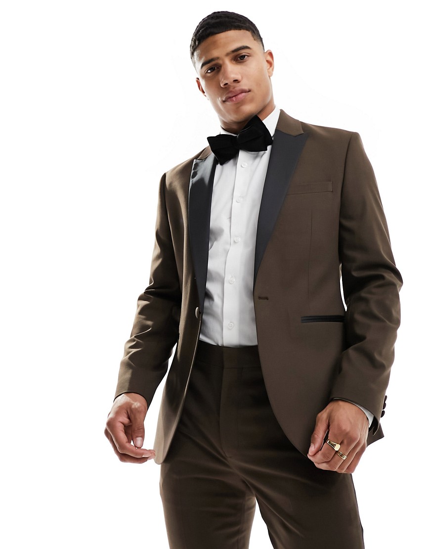 ASOS DESIGN skinny tuxedo suit jacket in brown
