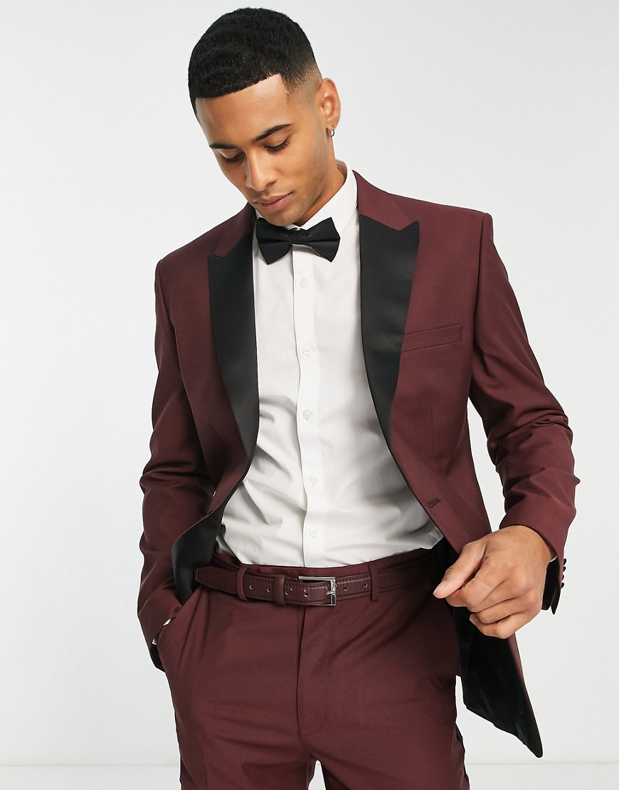 ASOS DESIGN skinny tuxedo suit jacket in burgundy-Red