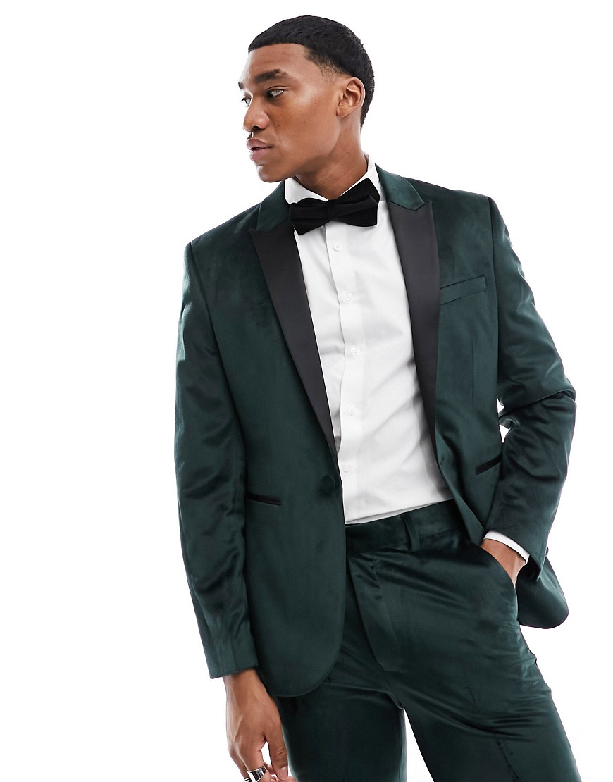 ASOS DESIGN skinny tuxedo suit jacket in green velvet