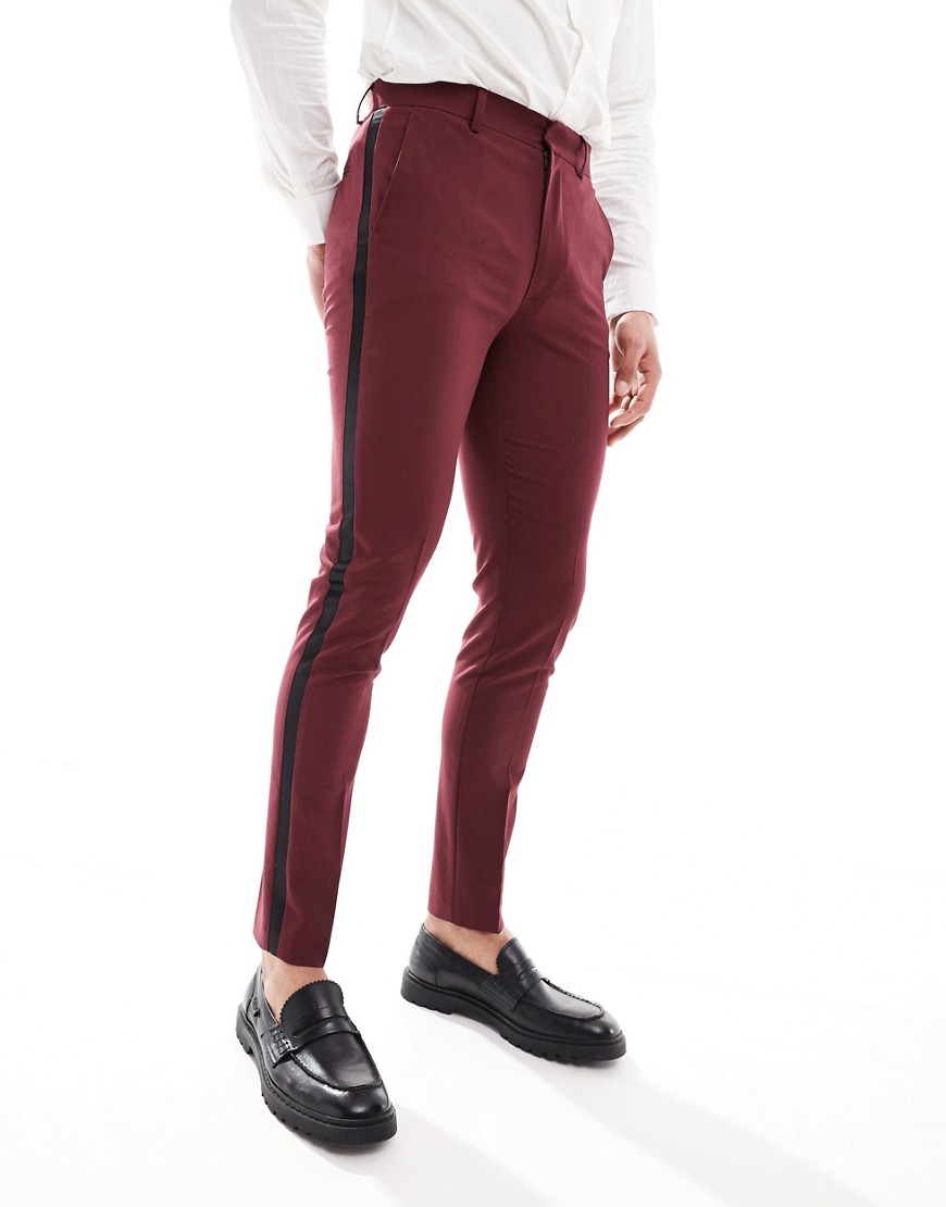 ASOS DESIGN skinny tuxedo suit trousers in burgundy-Red