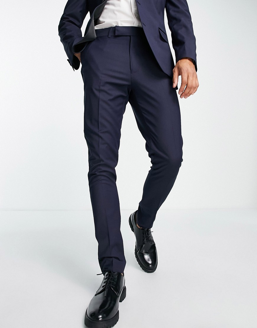 ASOS DESIGN skinny tuxedo trousers in navy with satin side stripe