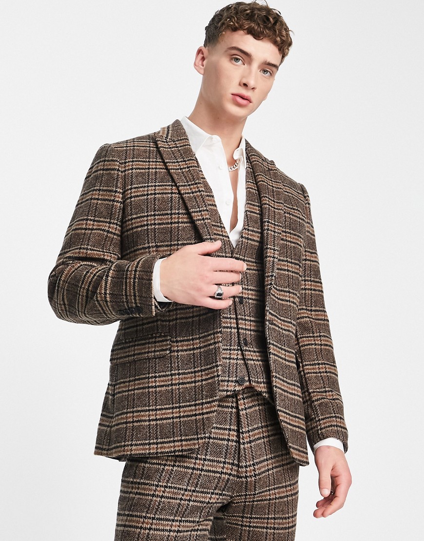 ASOS DESIGN skinny wool mix suit jacket in brown check