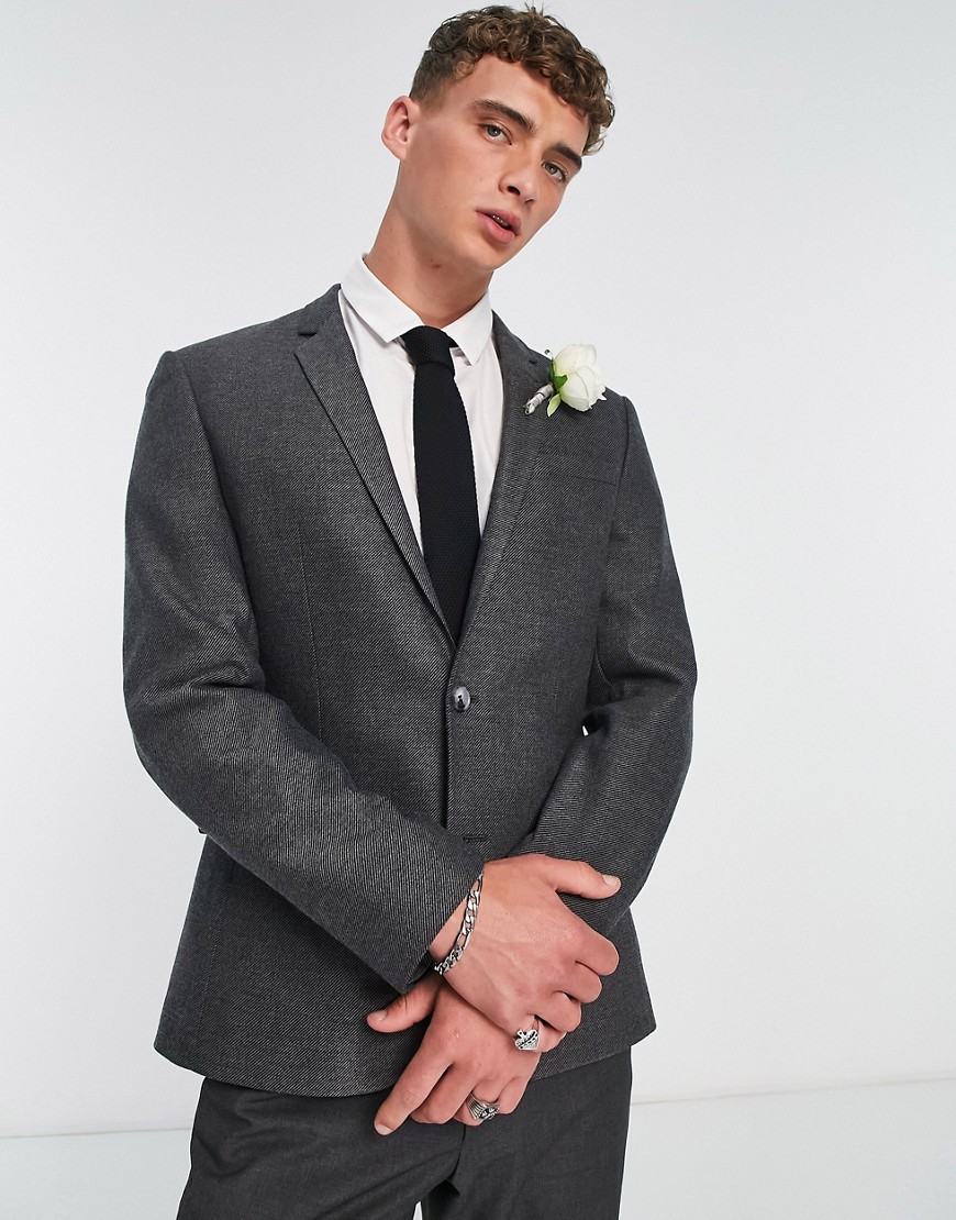 ASOS DESIGN skinny wool mix suit jacket in charcoal twill-Grey