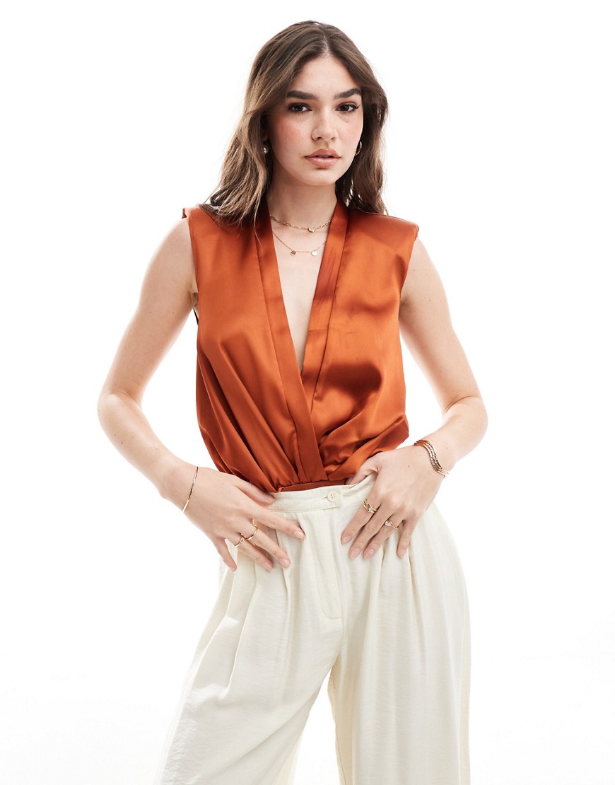 ASOS DESIGN sleeveless satin plunge bodysuit with shoulder pads in rust-Orange