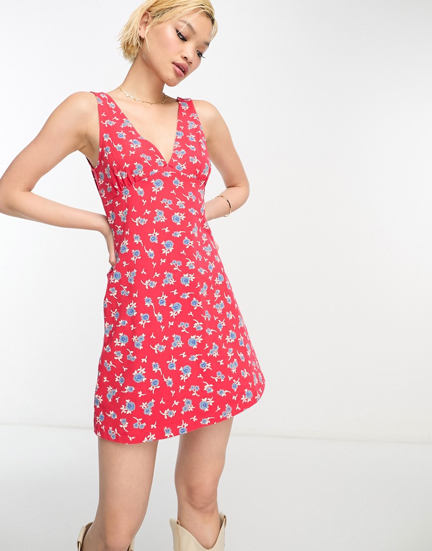 ASOS DESIGN sleeveless v neck mini swing dress in red ditsy print-Multi