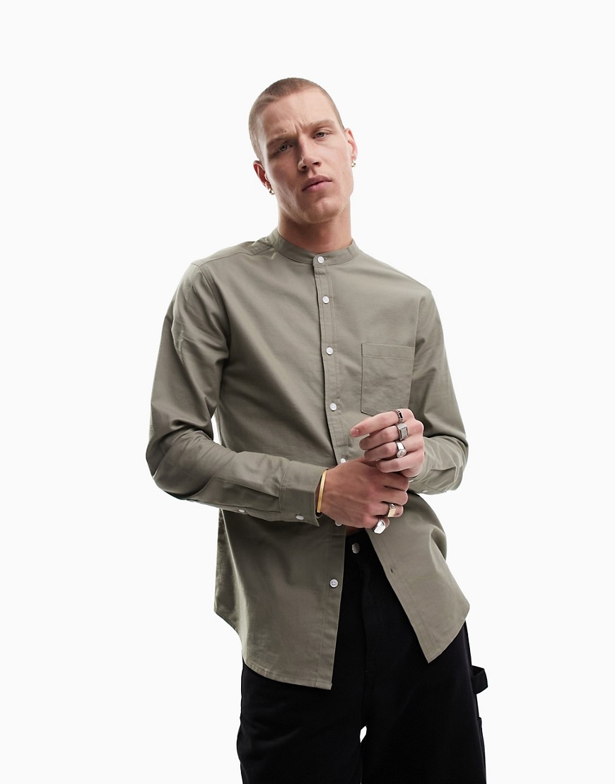 ASOS DESIGN slim fit oxford shirt with grandad collar in washed khaki-Green