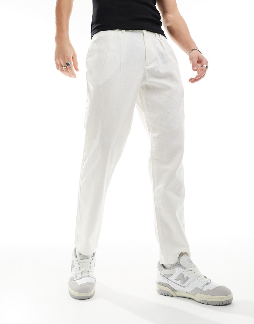 ASOS DESIGN slim pleated linen chino trousers in white