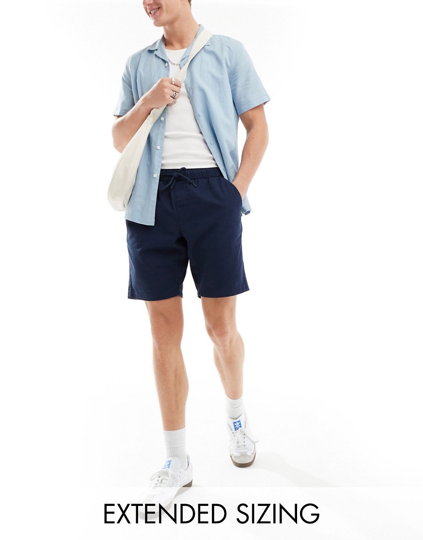 ASOS DESIGN slim regular length chino shorts in navy with elasticated waist-Blue