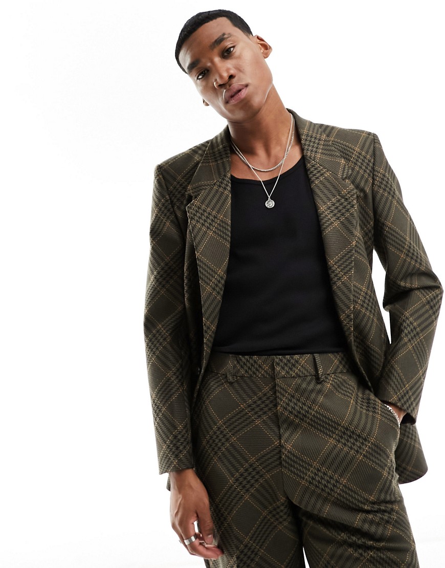 ASOS DESIGN slim suit jacket in bias check in brown