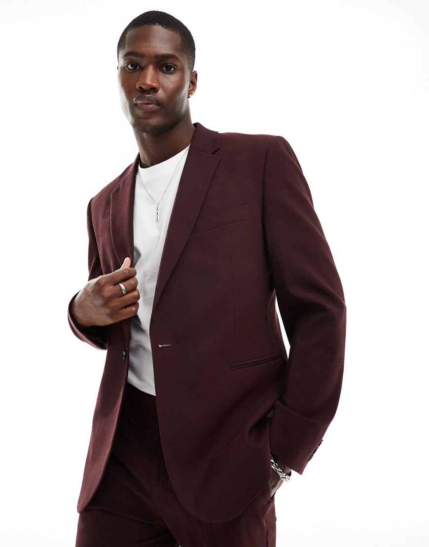 ASOS DESIGN slim suit jacket in burgundy-Red