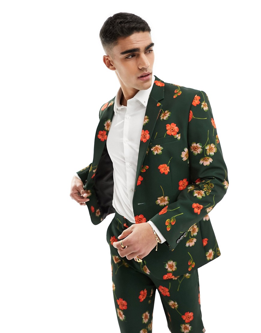 ASOS DESIGN slim suit jacket in floral print in green