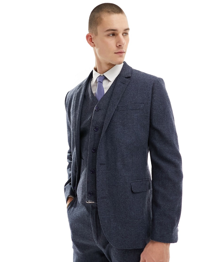 ASOS DESIGN slim suit jacket in wool mix texture in navy