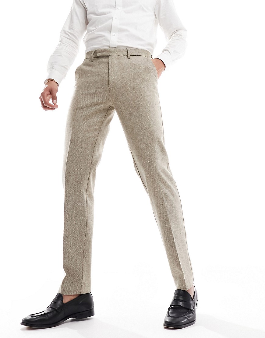 ASOS DESIGN slim suit trouser in wool mix texture in stone-Neutral