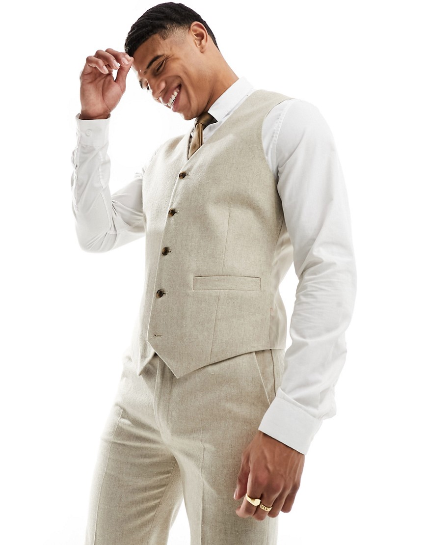 ASOS DESIGN slim suit waistcoat in wool mix texture in beige-Neutral
