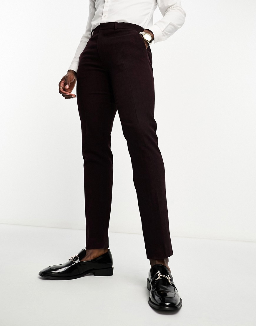 ASOS DESIGN slim wool mix suit trouser in herringbone in burgundy-Red