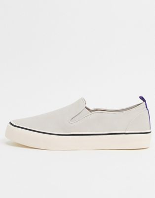 slip on plimsolls in grey with purple heel tab