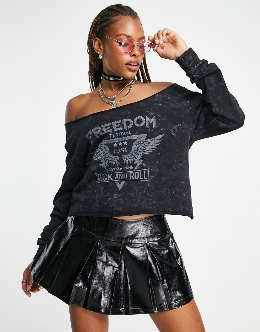 ASOS DESIGN slouchy slashed neck off shoulder sweat with freedom graphic in charcoal-Grey