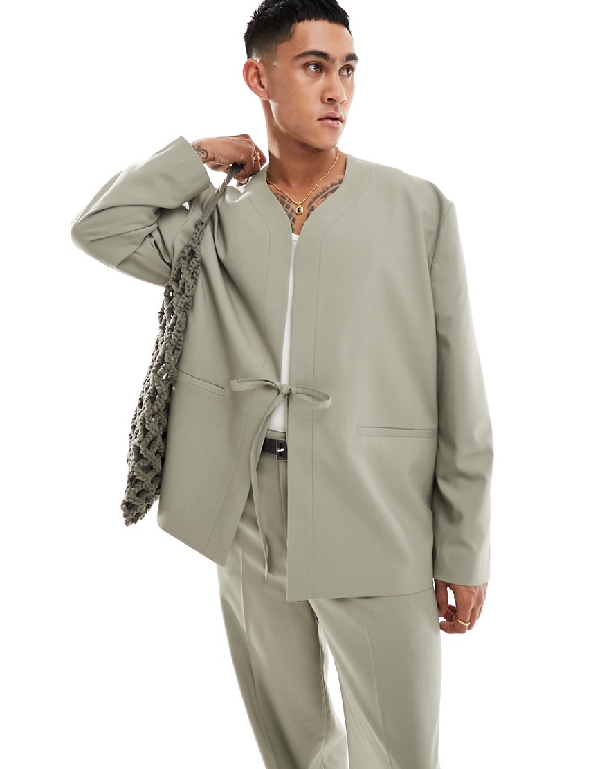 ASOS DESIGN smart co-ord long sleeved kimono in khaki-Green
