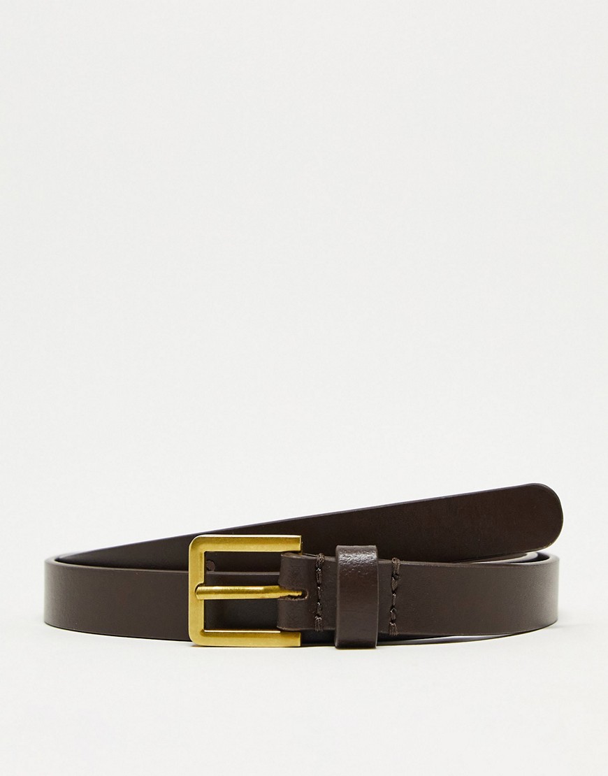 ASOS DESIGN smart leather skinny belt with gold buckle in brown