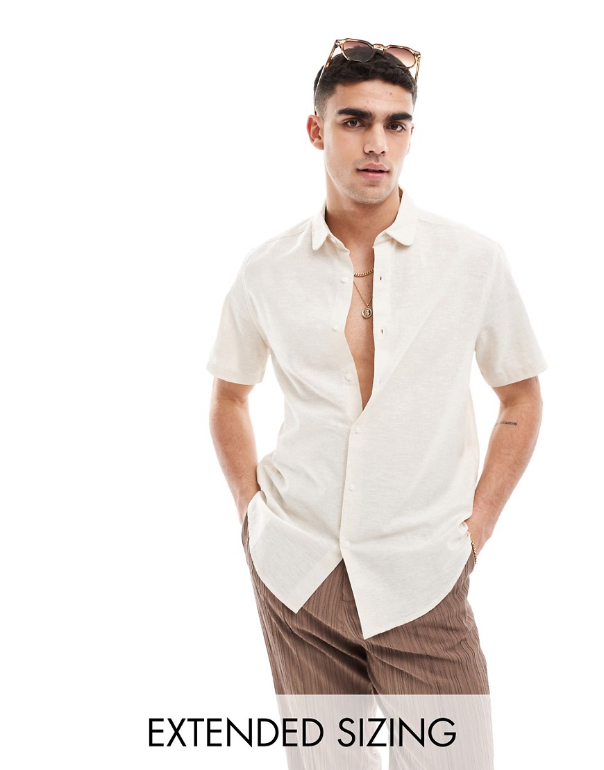 ASOS DESIGN smart linen shirt with penny collar in ecru-Neutral