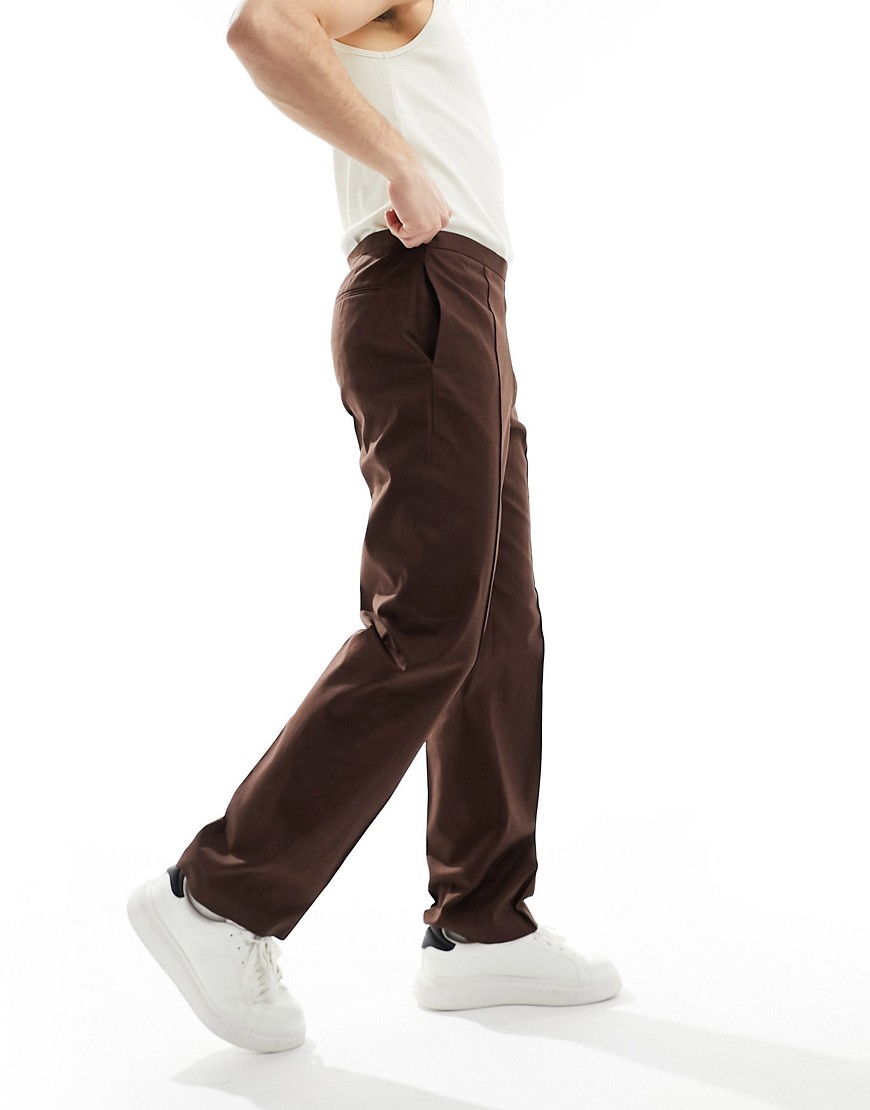 ASOS DESIGN smart straight leg linen blend trousers in brown
