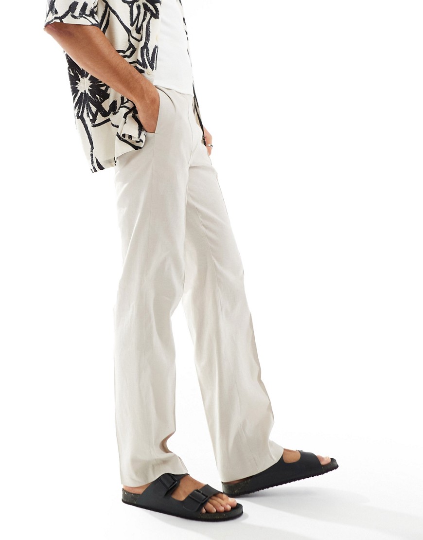 ASOS DESIGN smart straight leg linen blend trousers in stone-Neutral