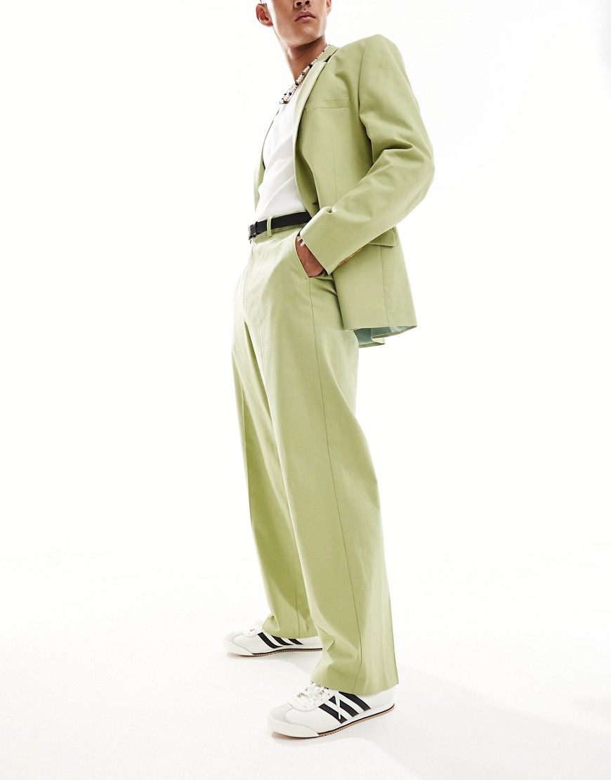 ASOS DESIGN smart wide leg linen blend trousers in sage green