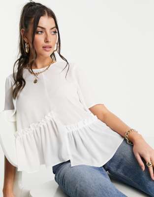 Smock top with asymmetric hem in ivory - Click1Get2 Offers