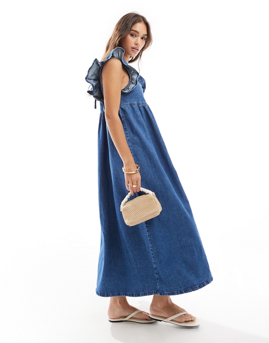ASOS DESIGN soft denim smock maxi dress with bow back in midwash blue