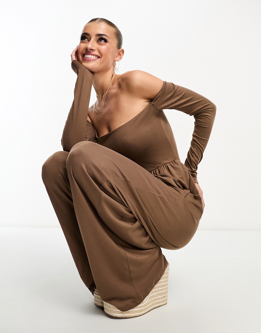 ASOS DESIGN soft touch bardot jumpsuit with wide leg in mocha-Brown