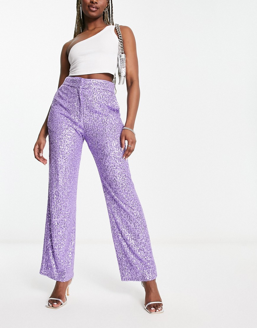 ASOS DESIGN straight sequin ankle grazer trousers in purple