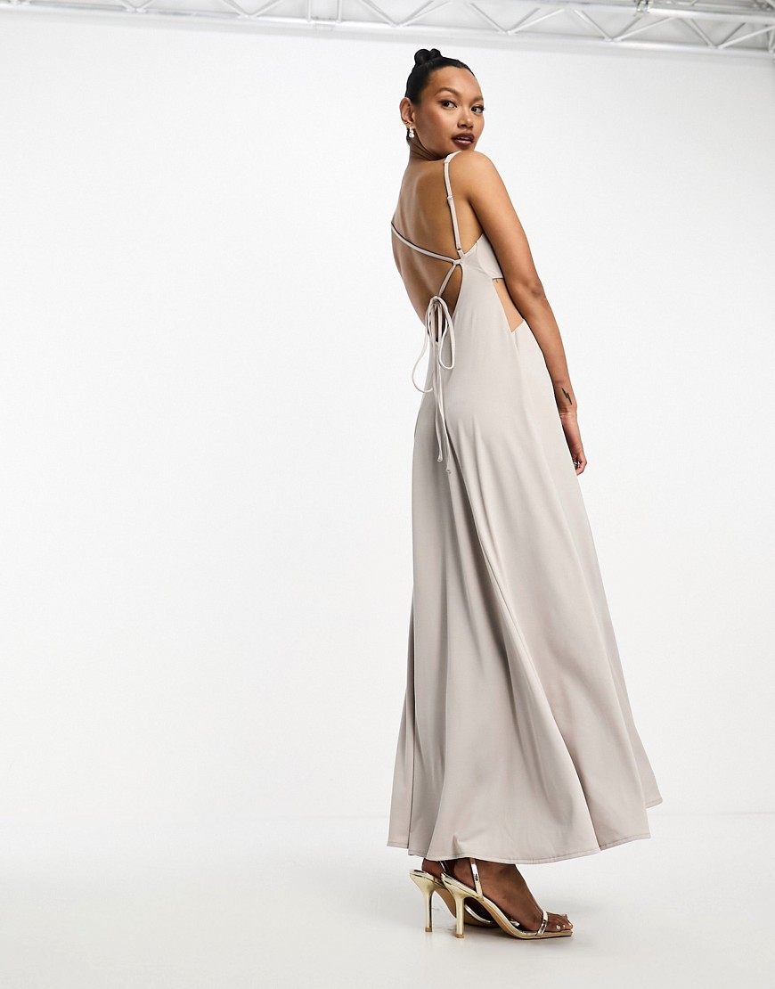 ASOS DESIGN strappy mesh insert cut out maxi dress in stone-Neutral