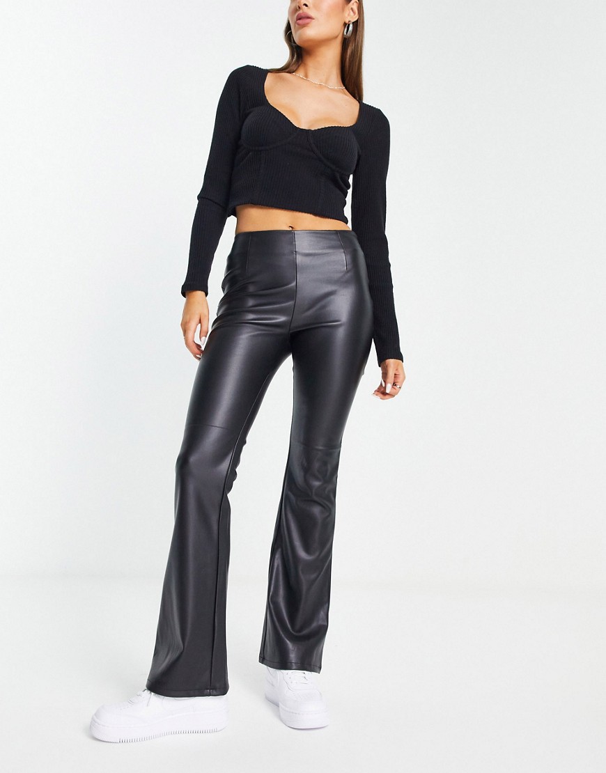 ASOS DESIGN stretch faux leather flare trouser in black