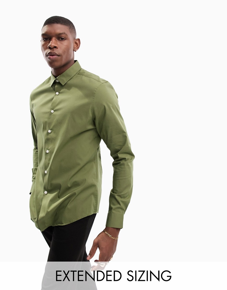 ASOS DESIGN stretch slim fit shirt in khaki-Green