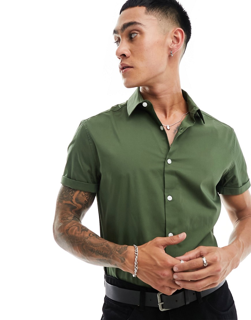 ASOS DESIGN stretch slim fit work shirt in khaki-Green