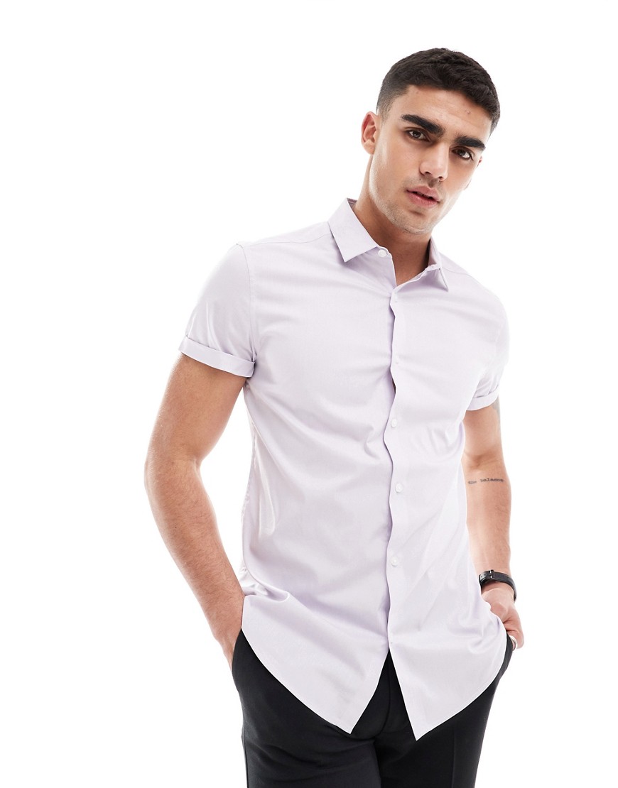 ASOS DESIGN stretch slim fit work shirt with rolled sleeves in lilac-Purple