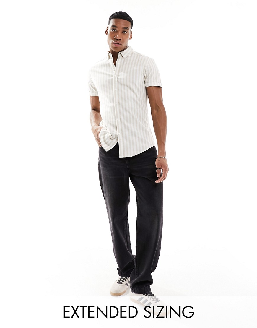 ASOS DESIGN stretch slim oxford stripe shirt in stone-Neutral